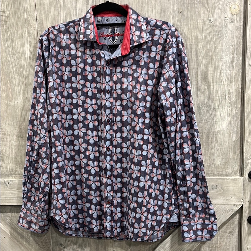 Luchiano Visconti men’s M blue red plaid flower button up shirt U1